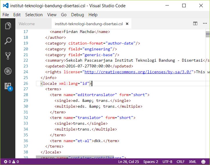 Edit A Citation Style Language (CSL) file using Visual Studio Code